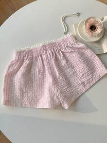 Comfortcana 2026新款條紋蕾絲飾邊女款短褲，夏季度假，粉色短褲 - 粉色 - 查看 2