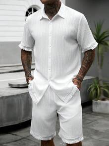Manfinity CasualCool Bộ đồ nam thường ngày đi nghỉ mát, áo sơ mi và quần short màu trắng có tua rua. - trắng - Xem 5