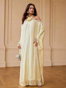ZEYLAH Abito da donna con spalle scoperte, decorato con strass e fiori 3D - Giallo - Visualizzare 5