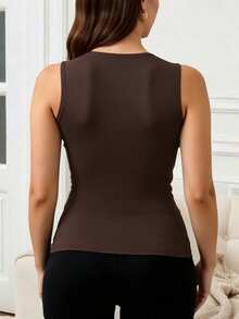 Zyxie Plus Size Women Solid Color Square Neck Fitted Casual Tank Top - Coffee Brown - View 2