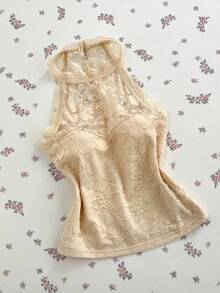 SHEIN Unity Elegant Solid Color Lace Halter Top, Summer Party Beige - Black - View 5