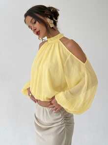 Aloruh Top corto de hombros descubiertos de unicolor elegante - Amarillo - Ver 8