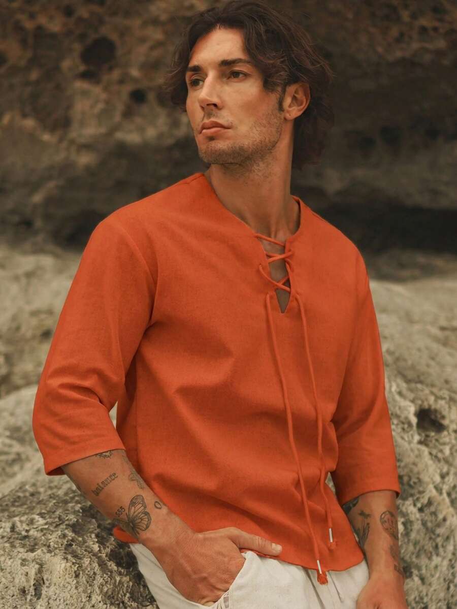 HIMLAND Loose Fit Men's Lace Up Front Drop Shoulder High Low Hem Top - Orange - View 1