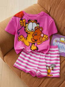GARFIELD | SHEIN 女婴圆领短袖T恤和条纹短裤套装 - 粉色 - 查看 3