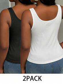 Slaydiva 2pcs/Set Versatile Black & White Plus Size Women Solid Color Thick Strap Ribbed Fabric Tank Tops, Suitable For Summer Vacation - Black and White - View 2