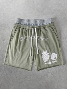 Rick and Morty X SHEIN 男士时尚百搭刺绣双腰带抽绳短裤 - 橄欖綠 - 查看 1