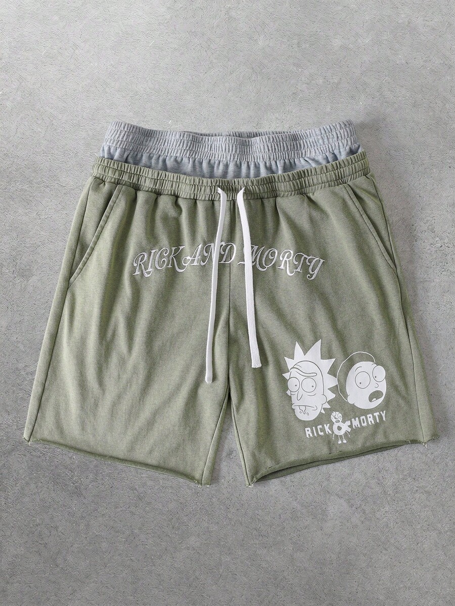 Rick and Morty X SHEIN 男士时尚百搭刺绣双腰带抽绳短裤 - 橄欖綠 - 查看 1