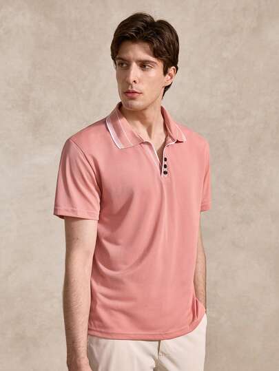Courvante Vibrant Men's With Contrasting And For Everyday Wear/ Stylish Short Sleeve With Striped Collar Detail And Button Placket/Pastel Outfit For Clothing Clothes Pink Polo Shirt, Solid, For Golf Tennis, Minimalist