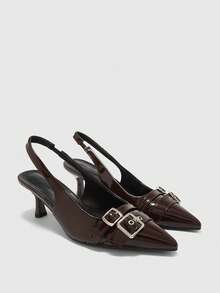 CUCCOO BIZCHIC CUCCOO Women's Fashion High Heel Pointed Toe Coffee Brown Patent Leather Metal Buckle Commuter Pumps - Coffee Brown - View 1