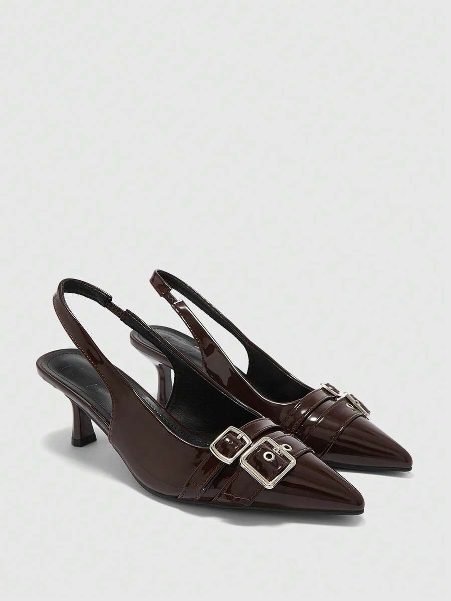 CUCCOO BIZCHIC CUCCOO Women's Fashion High Heel Pointed Toe Coffee Brown Patent Leather Metal Buckle Commuter Pumps - Coffee Brown - View 1