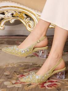 CUCCOO TILAWA Women's Crystal And Glass Rhinestone Pointed Gold High-Heeled Shoes, Suitable For Going Out, Banquets, Parties And Other Activities - Gold - View 2