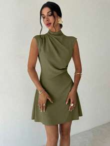 Firerie Women's Elegant Minimalist Casual Daily Commute Vacation Fashion New Small Stand Collar Draped Sleeve Cinched Waist A-Line Mini Dress, Apricot Color,Dresses For Women Summer - Army Green - View 3