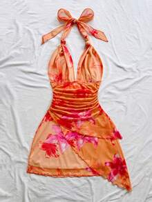 Soleia Đầm ngắn gợi cảm kiểu vintage ombre cổ chữ V buộc dây bằng vải lưới xếp ly bất đối xứng, thích hợp cho kỳ nghỉ của phụ nữ. - trái cam - Xem 3