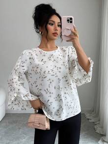 SHEIN Elenzya 新款春夏荷叶边碎花长袖宽松圆领衬衫 - 白色 - 查看 7