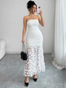 SHEIN Franclia Đầm dạ hội sang trọng, thanh lịch, phối ren hoa tương phản, eo thắt gọn, màu trơn, kiểu dáng gợi cảm dành cho phụ nữ. - trắng - Xem 4