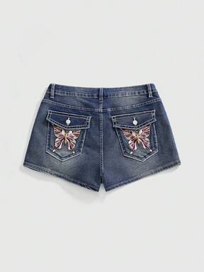 Fairycore Y2K 90s Casual Baddie Butterfly Embroidered Sequin Distressed Vintage Low Waist Super Short Plus Size Women Denim Shorts Formal Baby Blue Summer