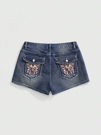 Y2K Baddie Schmetterling bestickte Pailletten Vintage Destroyed Taille Hoch Super Kurze Damen Jeans Shorts in Große Größen