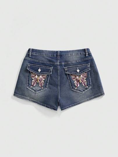 Y2K Baddie Schmetterling bestickte Pailletten Vintage Destroyed Taille Hoch Super Kurze Damen Jeans Shorts in Große Größen