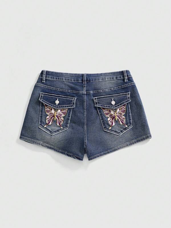 ROMWE Shorts vaqueros de talle bajo súper cortos con bordado de mariposa, lentejuelas y efecto desgastado vintage para mujeres de talla grande, estilo Y2K Baddie