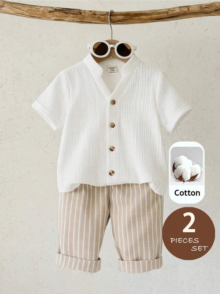 LMoss Kids 2pcs Baby Girl Woven Solid Collar Shirt And Striped Pants Set - Multicolor - View 1