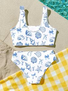 Cute Vintage Blue Tone Ocean Creature & Bow Print Tween Girls Casual Minimalist Camisole & Bikini Swimwear Set, Suitable For Summer, Vintage, Color Block, Kawaii, Party, Summer 2026, Cottagecore, Playdate, Weekend Casual, Family Outing, Photoshoot Outfits - Multicolor - View 2