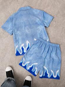 2pcs/Set Tween Boy Light Blue Denim Casual Korean Style Oversized Short Sleeve Collared Shirt Jacket And Shorts,Summer Streetwear City Break Y2K - Blue - View 2