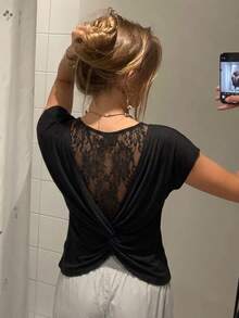 Freevana Plus Size Women Lace Patchwork Casual Sexy Versatile Daily Wear T-Shirt Date Night Black Summer - Black - View 9