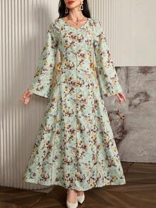 Al Najma Đầm dài tay buộc dây in hoa toàn thân kiểu Ả Rập, kiểu dáng maxi Kaftan Jalabiya dáng chữ A thanh lịch, thích hợp cho tiệc tối/đám cưới/kỷ niệm. - Màu vàng - Xem 7