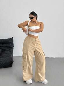 SHEIN CURVE+ Celana Kargo Wanita Ukuran Besar Kasual Longgar Kaki Lebar - Khaki - View 4