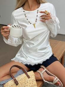 DAZY 女款 Y2K 風格蕾絲拼接圓領寬鬆長袖長版 T 恤 - 白色 - 查看 6