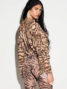 KIZN Tiger Print Twist Front Batwing Sleeve Blouse With V Neck Long Sleeve Wrap Top Fall Winter Fashion - Multicolor - View 2