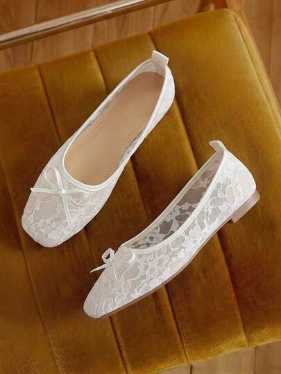 Eladyva Fashionable Bow-Knot Lace Mesh Flat Shoes, Women's Hollow Breathable Slip-On Mary Jane Ballet Shoes, Comfortable Loafers For Daily Wear,Summer Outfits