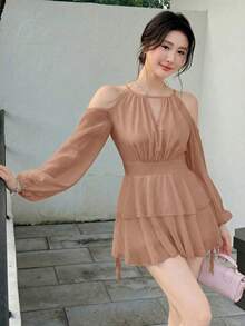 Celisse 女士优雅纯色露肩灯笼袖休闲连衣裙 - 卡其色 - 查看 5