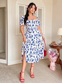 FleurLily Plus Size Elegant Floral Print Split Dress, Summer - Blue - View 4
