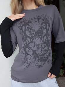 Brooke Lily 女式冬季/秋季街头休闲嬉皮学院风垃圾摇滚朋克哥特棉质图案超大长袖 T 恤 - 深灰色 - 查看 4