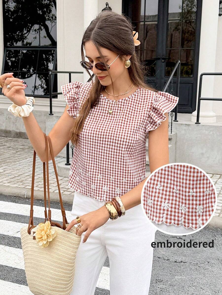 Women's Gingham Embroidered Ruffle Sleeve Blouse – Summer Casual Checkered Top Women's Plaid Round Neck Casual Versatile Daily Wear Shirt,Summer,Festival,Mother's Day,Party,Beach,Wedding,Graduation,Prom,Elegant,Casual,Vacation,Luxury,Formal,Country,Business,Chic,