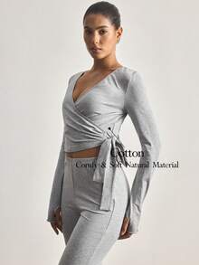 Ocili 100% Cotton Tie-Side Sleepwear Set, Women Comfortable Minimalist Solid Color Long Sleeve Top And Pants Pajamas - Grey - View 2