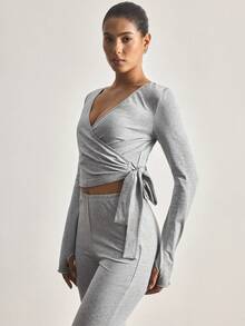 Ocili 100% Cotton Tie-Side Sleepwear Set, Women Comfortable Minimalist Solid Color Long Sleeve Top And Pants Pajamas - Grey - View 8