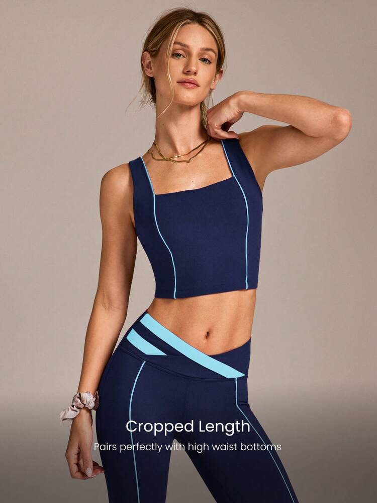 FeatherFit™ On The Line Soft Stretchy Sweat-Wicking UV Protection Crossover Back Two-Tone Removable Cups Cropped Active Tank Low Impact Yoga Pilates Studio Daily Active Wear