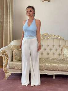 Jeta Ari Women's Rhinestone Decor Ruched Figure-Flattering Halter Neck Tank Top - Baby Blue - View 4