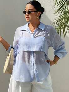 Dazy Plus New Striped Loose Casual 2 In 1 Shirt With Camisole Layered Long Sleeve Vacation Style Plus Size Women Spring/Summer Blue Shirt - Blue - View 4