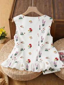GlowEve Casual Floral Sleeveless Ruffle Hem Blouse, Summer - White - View 2