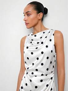 Maija Satin White With Black Polka Dots Scoop Neck Sleeveless Dress For Women,Dresses For Women Summer Garden Party Elegant - White - View 4