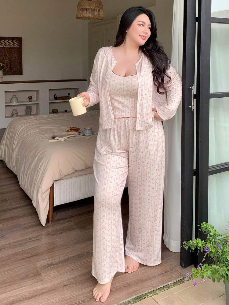 Dazy Plus 3pcs/Set Cute Ditsy Floral Contrast Trim Plus Size Women Pajama Set, Suitable For Spring, Summer, Autumn