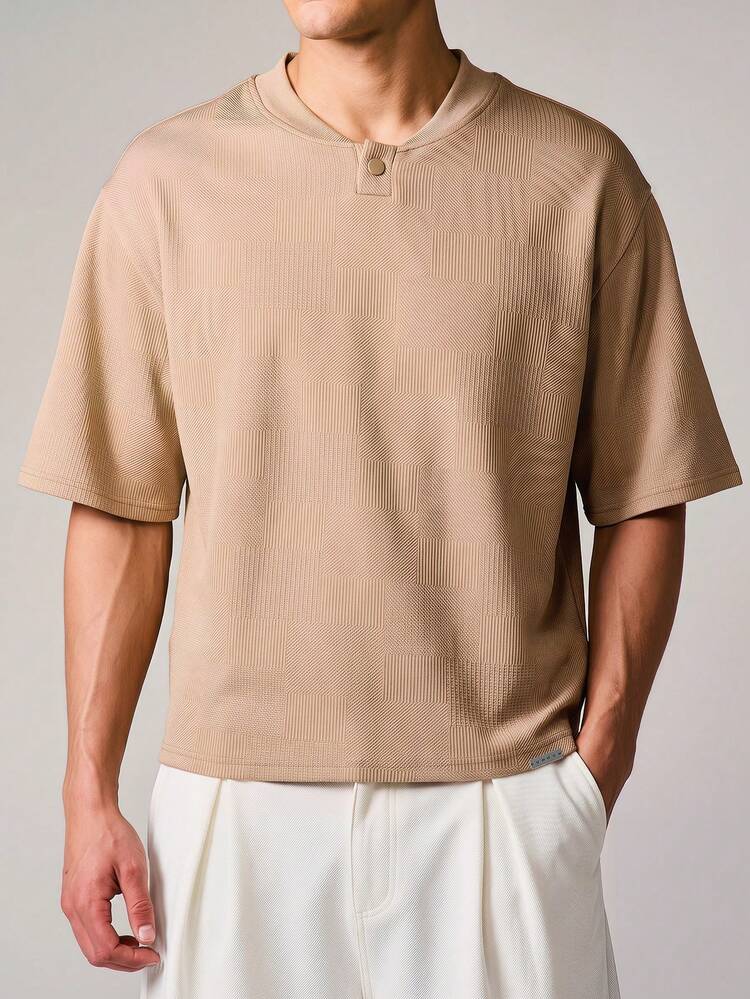 Relaxed Fit Ribbed Knit T-Shirt With Henley Neckline And Side Button Details Short Sleeve Casual Top