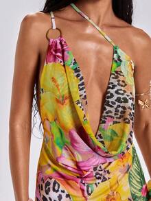 ROMWE Y2K Spring/Summer Vacation Sexy Wild Floral Print Women's Mini Spaghetti Strap Draped Neck Bodycon Dress - Pink - View 6