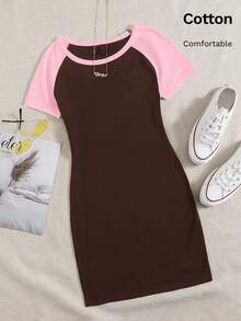 SHEIN EZwear Vestido ajustado de manga corta con contraste de color para tallas grandes - Marrón Chocolate - Ver 5