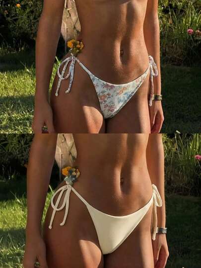 Swim Mod Quần bikini nữ mới cho kỳ nghỉ biển, quần bikini buộc dây, họa tiết hoa và màu trơn, mùa xuân/hè.