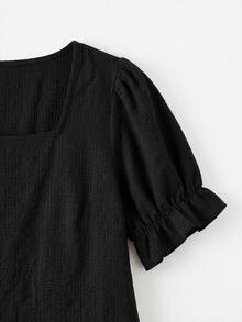 SHEIN VCAY 大码纯色方领休闲百搭短袖衬衫，夏季 - 黑色 - 查看 3