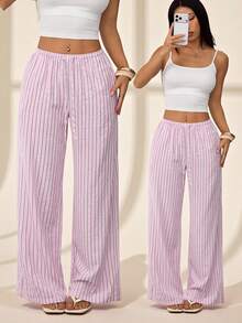 SHEIN PETITE Pantalones casuales de mujer a rayas rosas, adecuados para vacaciones de verano - Rosa - Ver 1